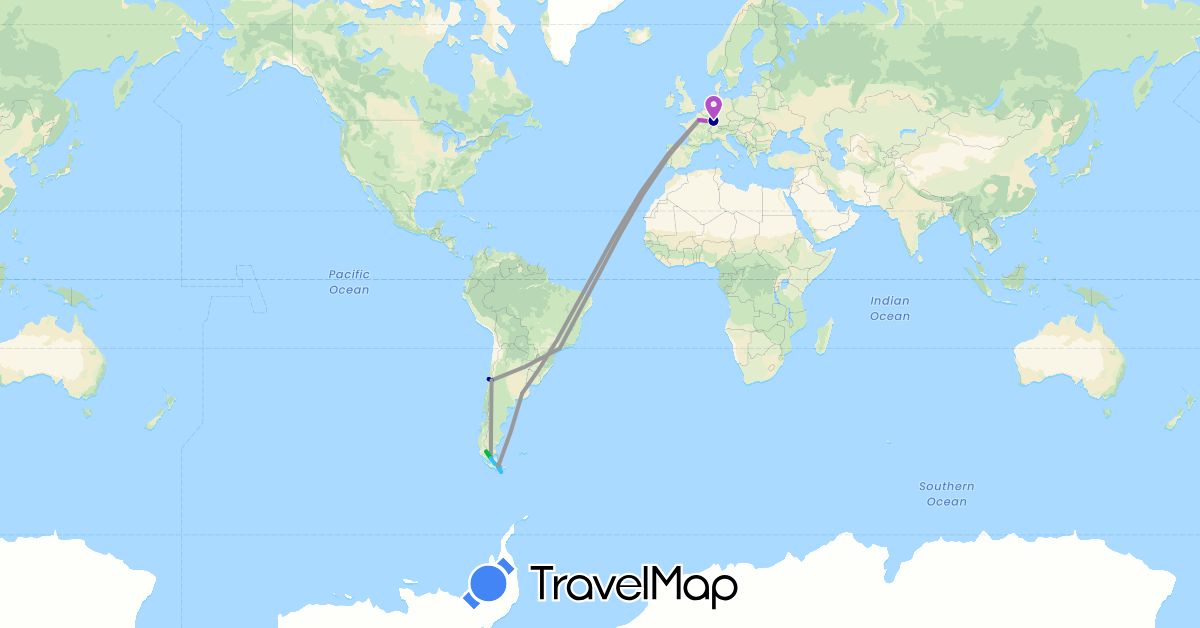 TravelMap itinerary: driving, bus, plane, train, boat in Argentina, Brazil, Chile, France (Europe, South America)